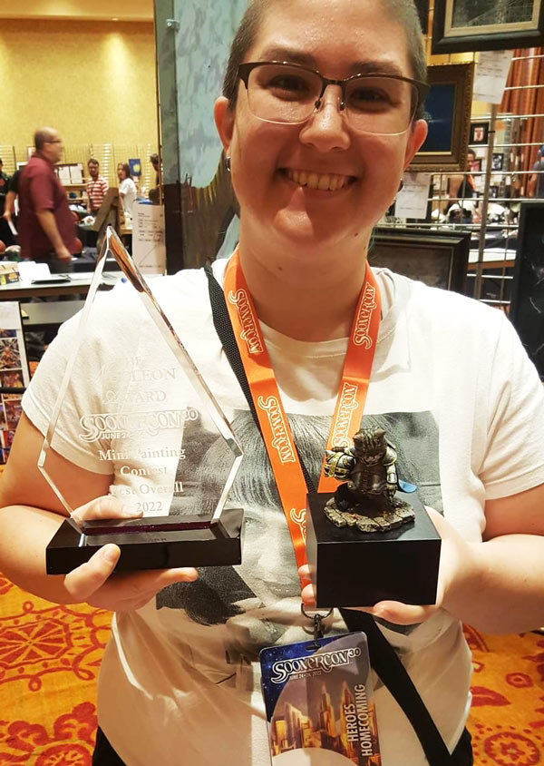 Merz Eben and her winning mini, SoonerCon 30 Minis Painting Best in Show Winner