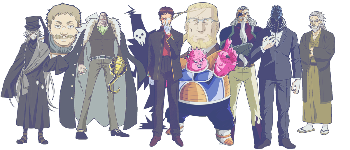 Characters played by John Swasey including Hohenheim from Fullmetal Alchemist Brotherhood, Lord Death from Soul Eater, All for One From My Hero Academia, Senzaemon from Food Wars, Hades from Fairy Tail, Leif Erikson from Vinland Saga, Dodoria from Dragon Ball Z Kai and Undertaker from Black Butler.