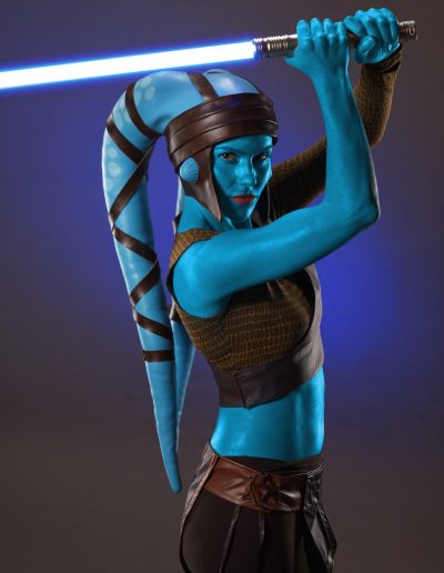 Dark Side Cosplay poses in with a blue light saber held over head in her Ayla Secura Twi'lek cosplay.